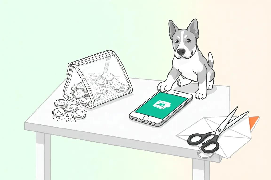 Фон изображения зеленый. На переднем плане изображен стол с телефоном, который показывает предупреждение о безопасности, карточкой, кошельком, ключом и листом бумаги с текстом. Внизу изображен бочонок с монетами, из которого течет вода.