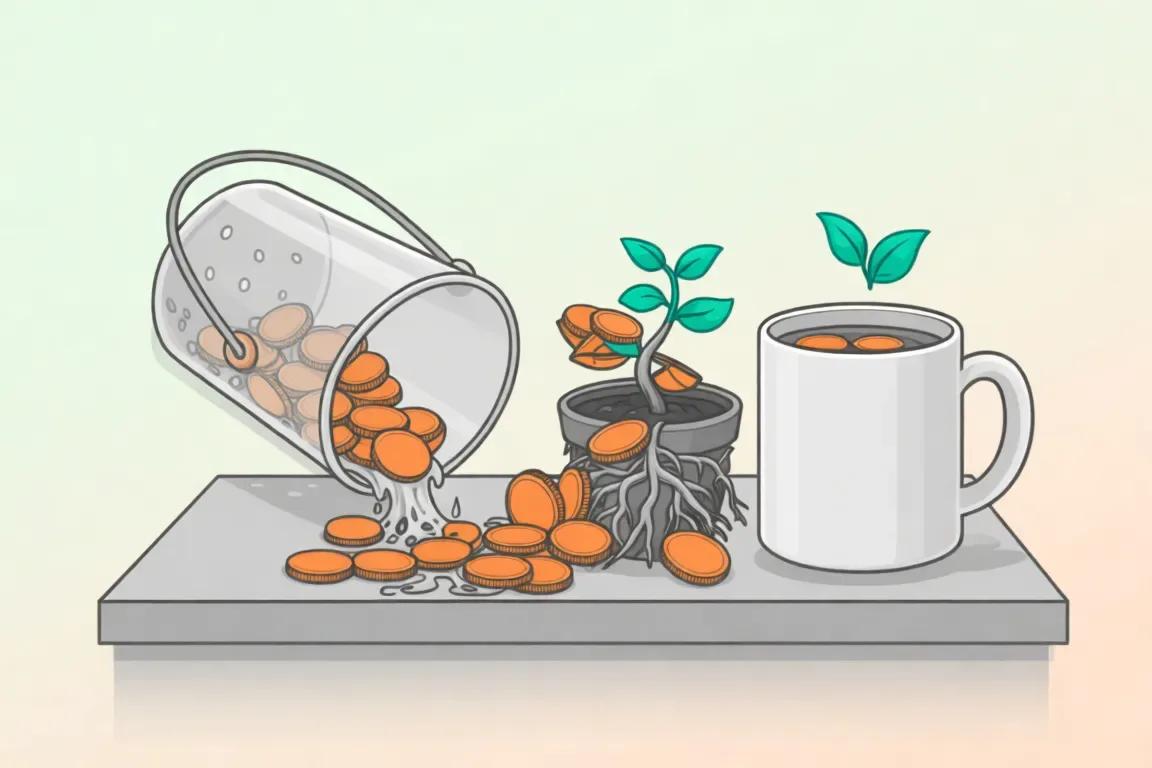 Коллекция монет, растущая из земли, на столе.