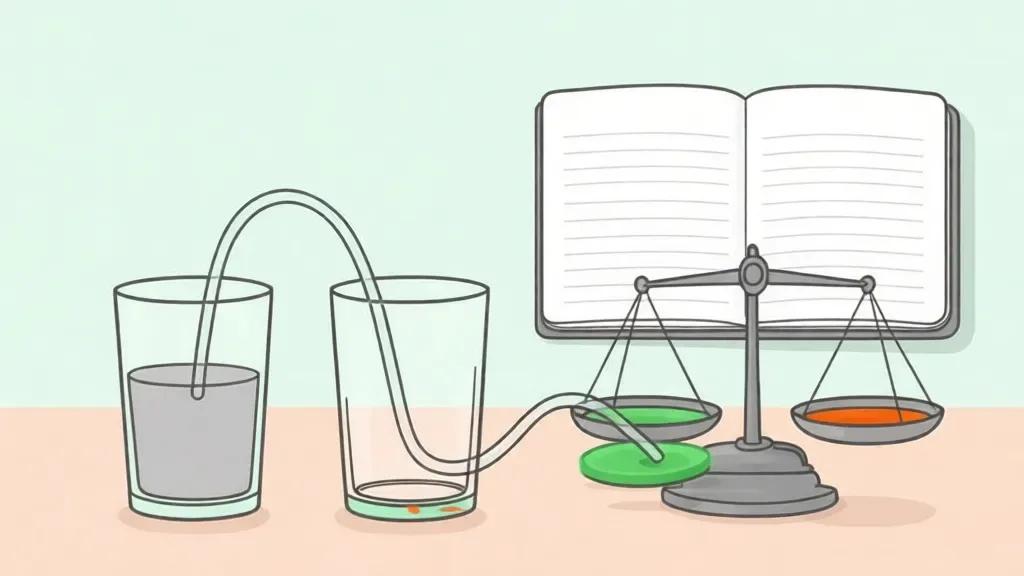 Illustration of two glasses connected by a tube, a balance scale with green and orange liquids, and an open notebook in the background.