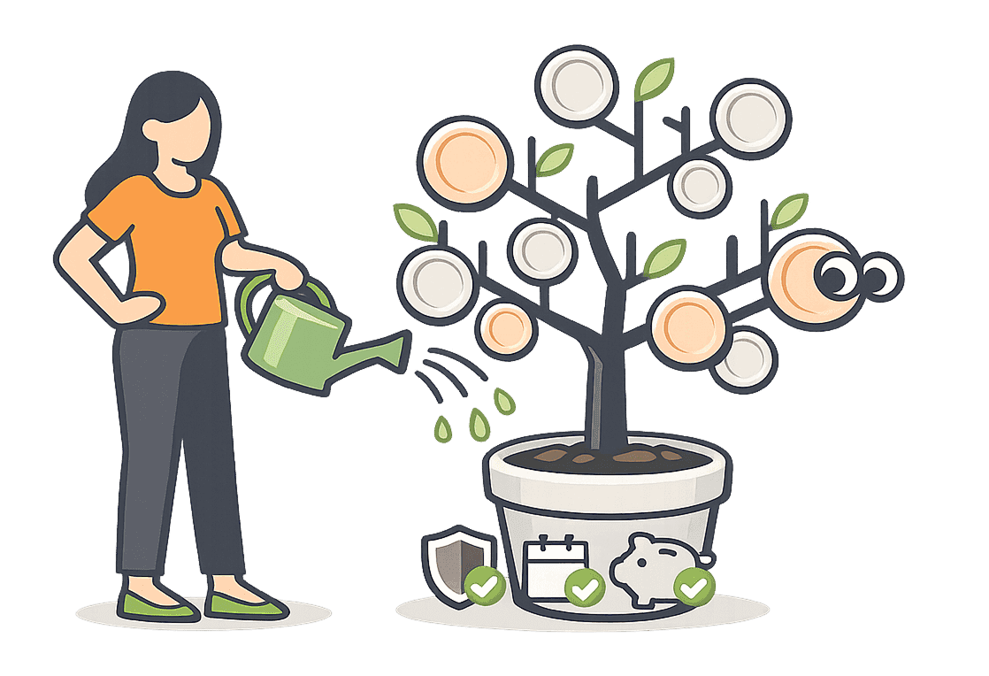 Илюстрация: девушка поливает дерево на котором растут монеты