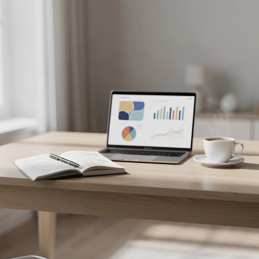 Рабочее место разработчика финансового приложения Kopium с ноутбуком и дашбордом бюджета