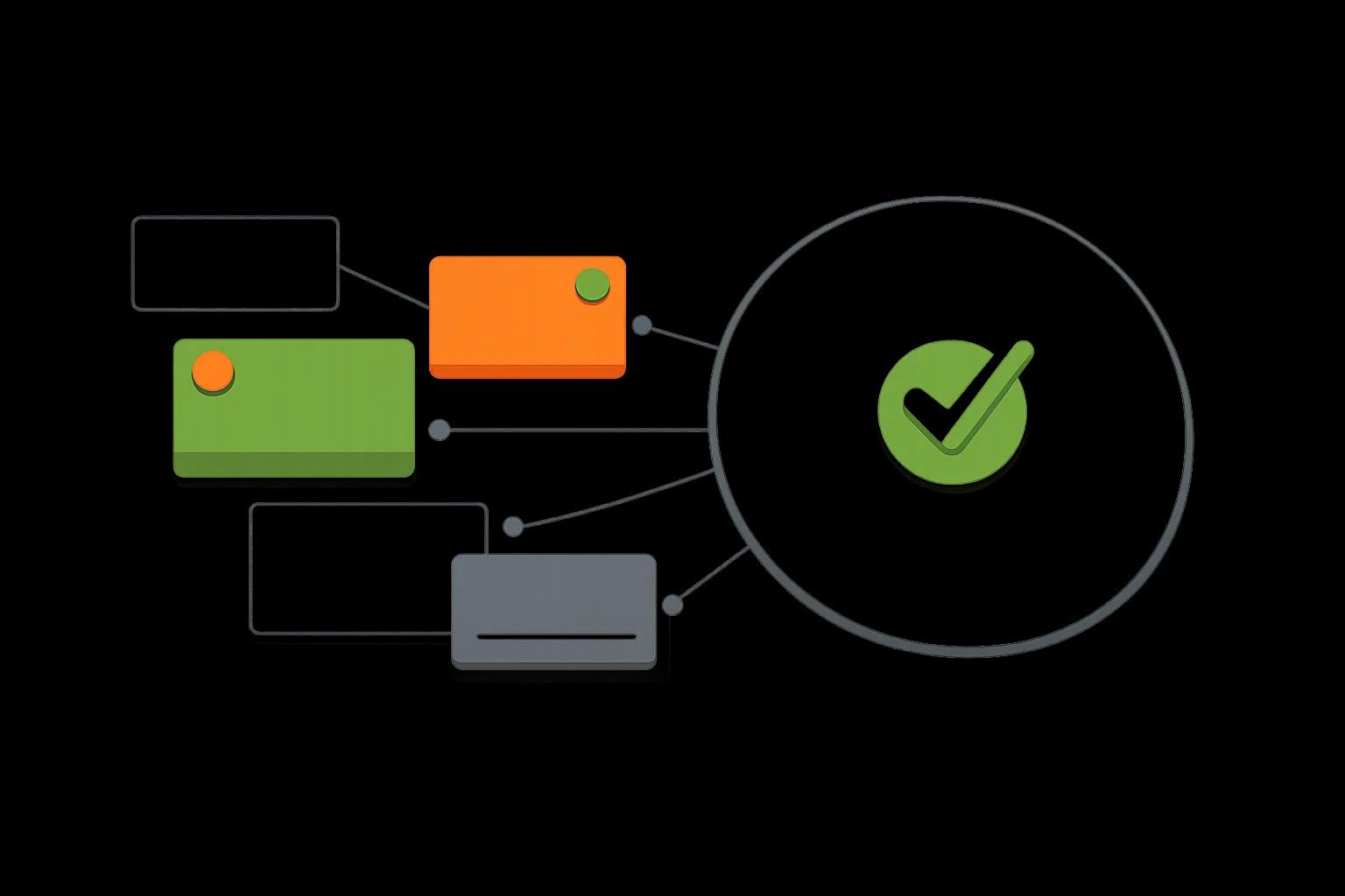 Карточки интерфейса, соединённые линиями; лупа увеличивает зелёную галочку