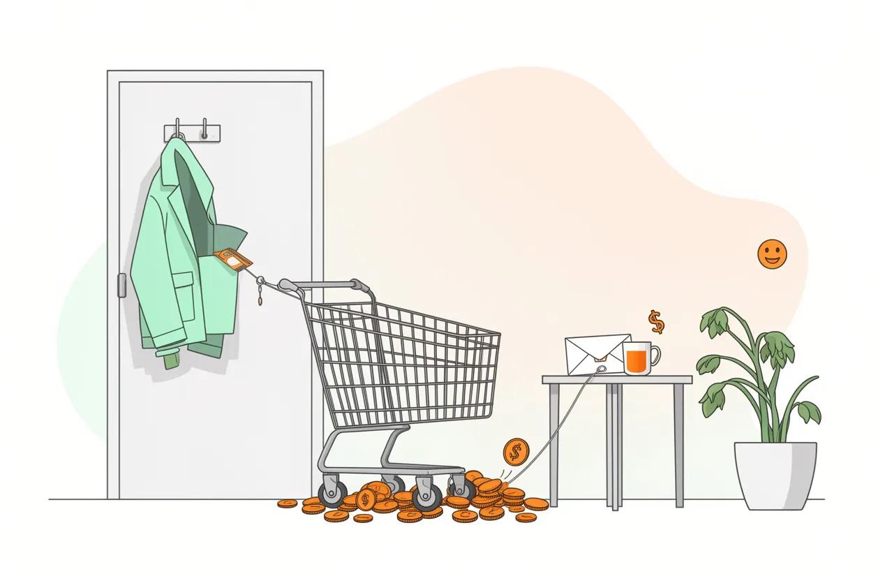 Пустая тележка и куча рассыпанных монет на полу; тележка на верёвке тянется к конверту на столе, рядом кружка и растение