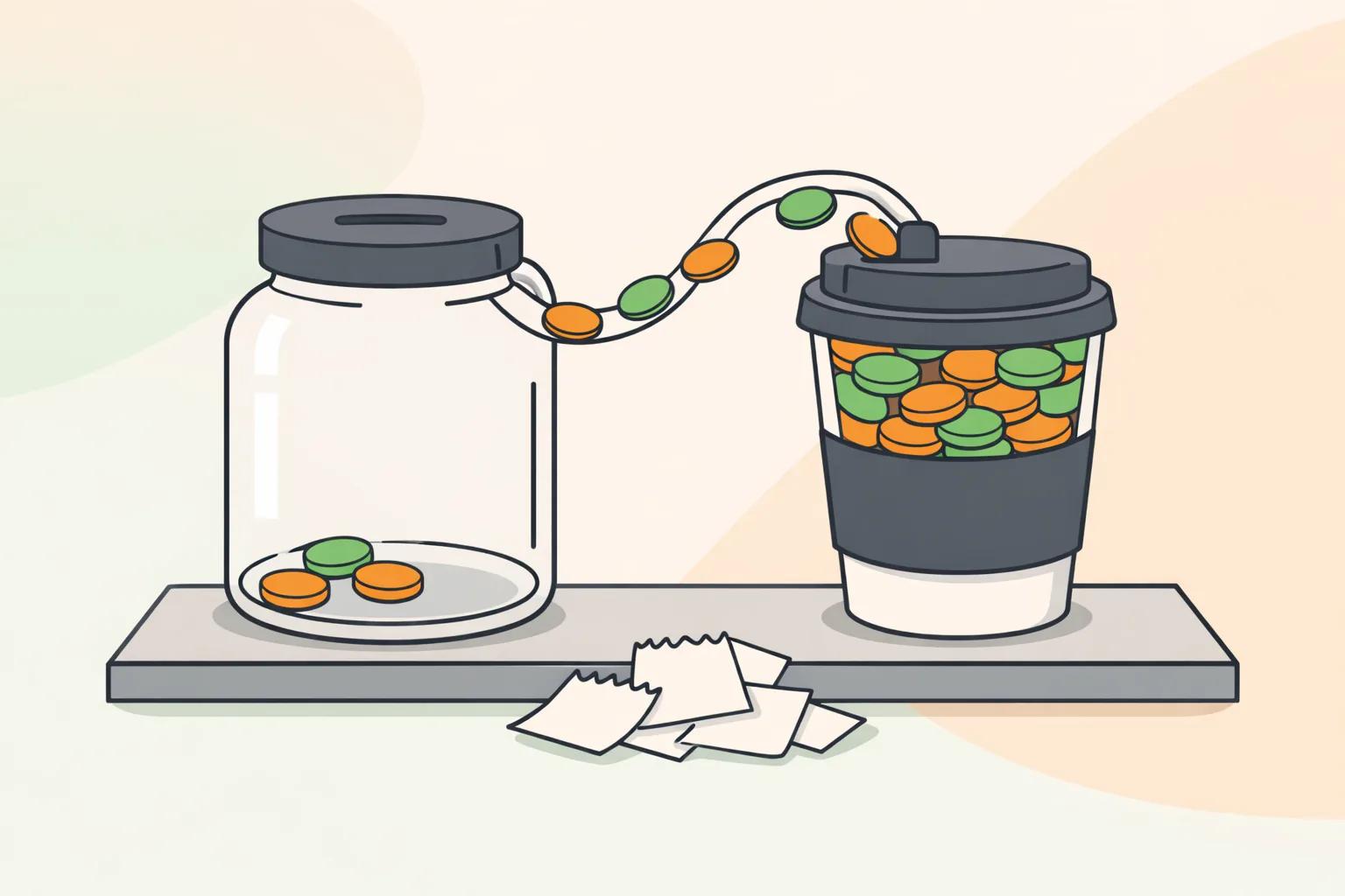 Стакан кофе навынос, набитый монетами; рядом пустая банка-копилка с парой монет и чеки на столе