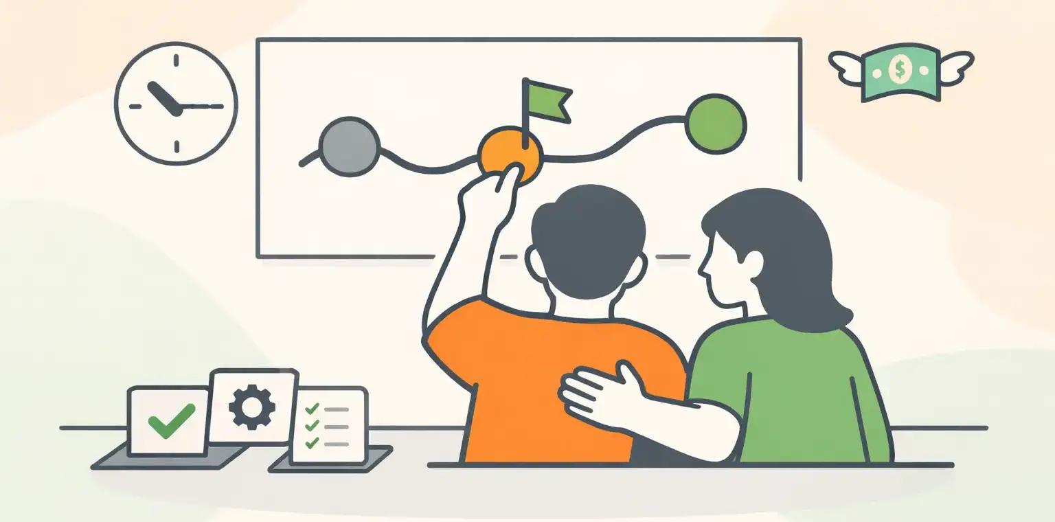 Иллюстрация о финансовом планировании и достижении целей: пара обсуждает план и отмечает прогресс