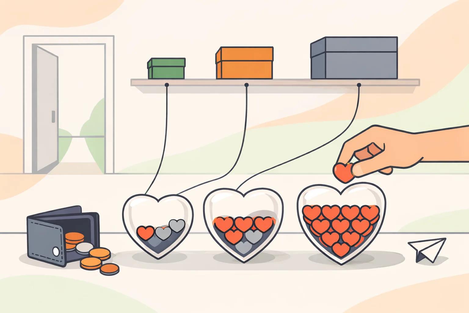 Три банки в форме сердца с «накоплениями»-сердечками (мало, средне, много); рука кладёт сердечко в самую полную, сверху полка с тремя коробками разного размера, слева кошелёк и монеты