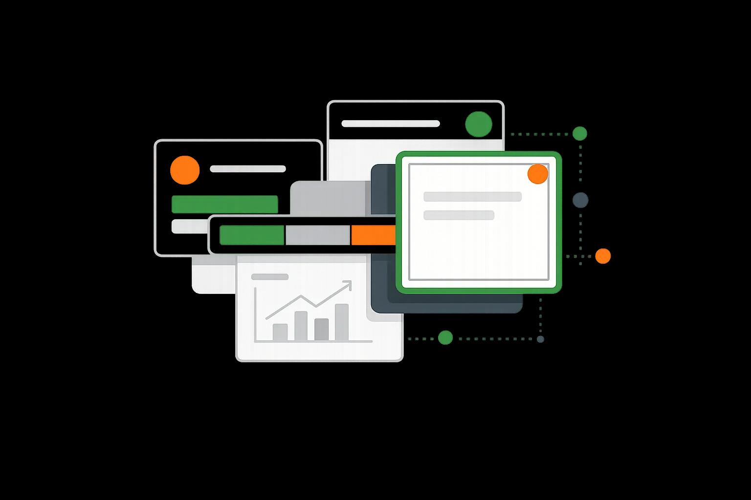 Стопка UI-окон и карточек приложения; впереди выделенное окно с зелёной рамкой и блоками интерфейса