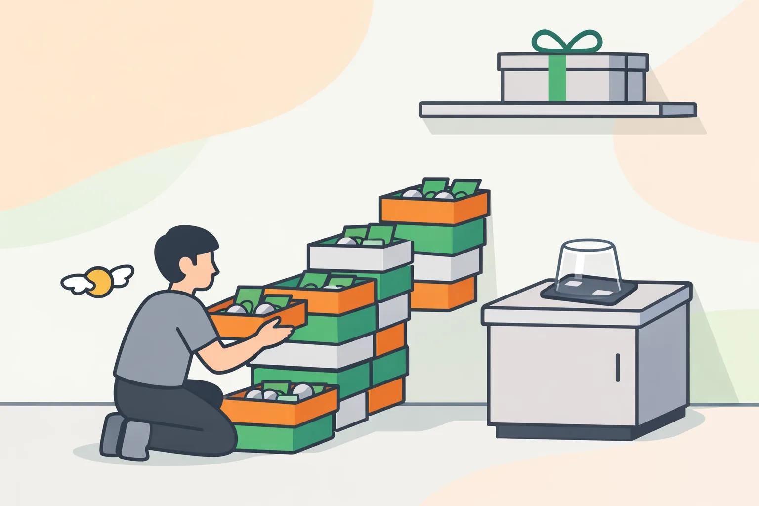 Человек складывает стопки коробок с накоплениями (купюры и монеты); сверху на полке подарочная коробка, рядом на тумбе под стеклянным колпаком — «большая покупка»