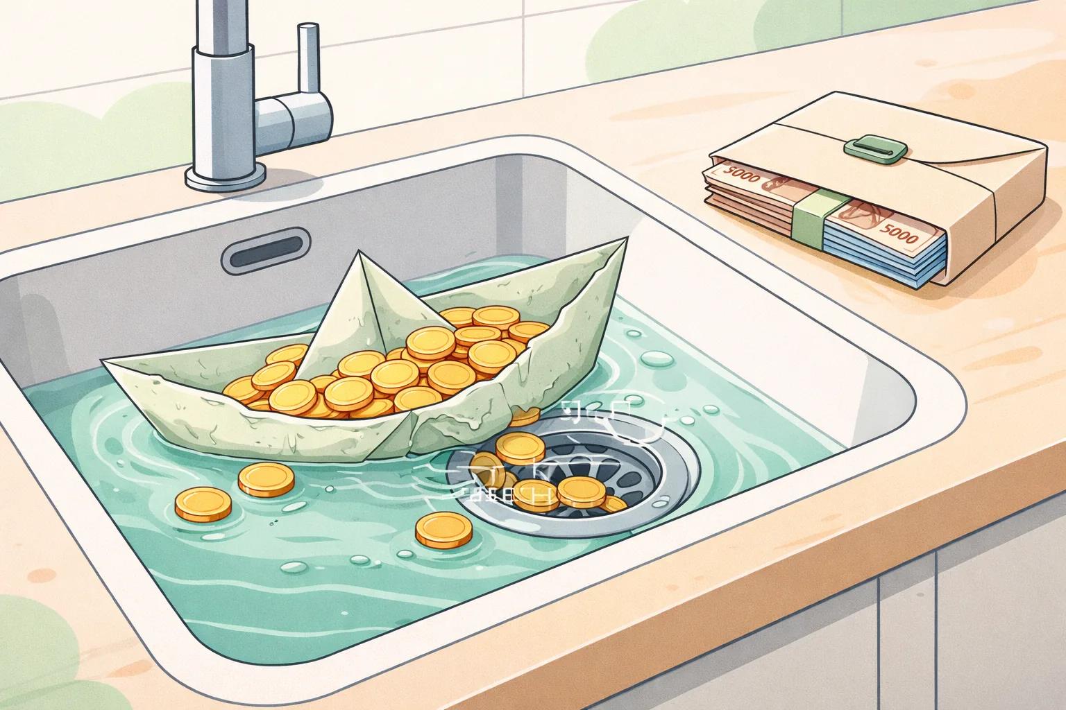 Кухонная раковина с водой: бумажный кораблик, полный монет, и монеты утекают к сливу; рядом на столешнице пачка купюр в папке